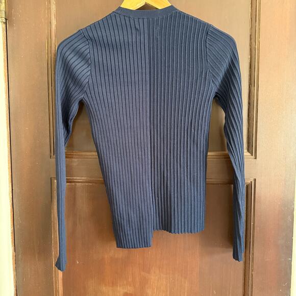 PISTOLA Navy Blue Betty Ribbed Asymmetric Hem Crewneck Sweater Medium - Picture 3 of 7